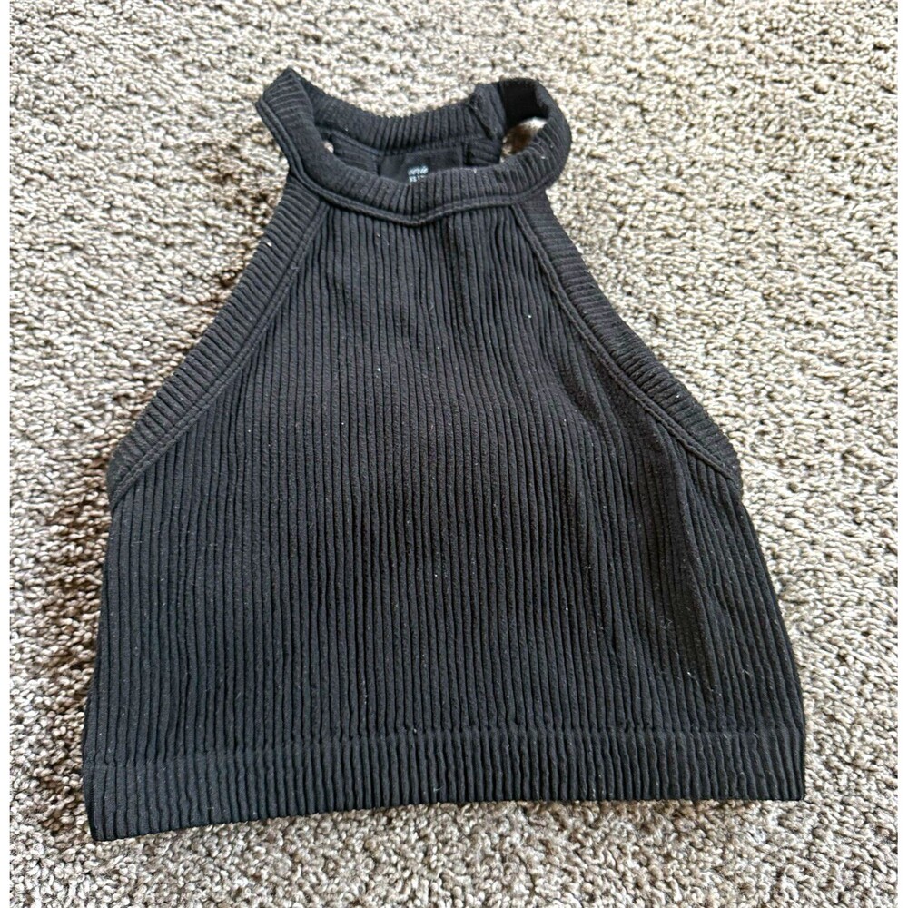 Aerie Real Good Ribbed High Neck Racerback Sports Bra Black XS